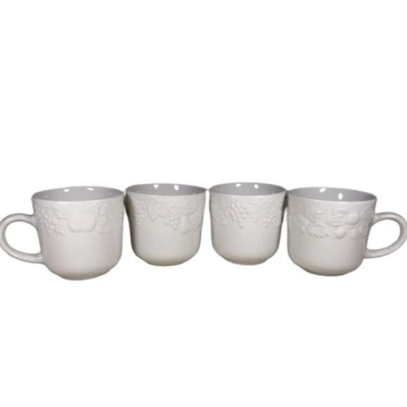 Set Of 4 White Embossed Fruit Pattern Ceramic Coffee Cups - Picture 1 of 8